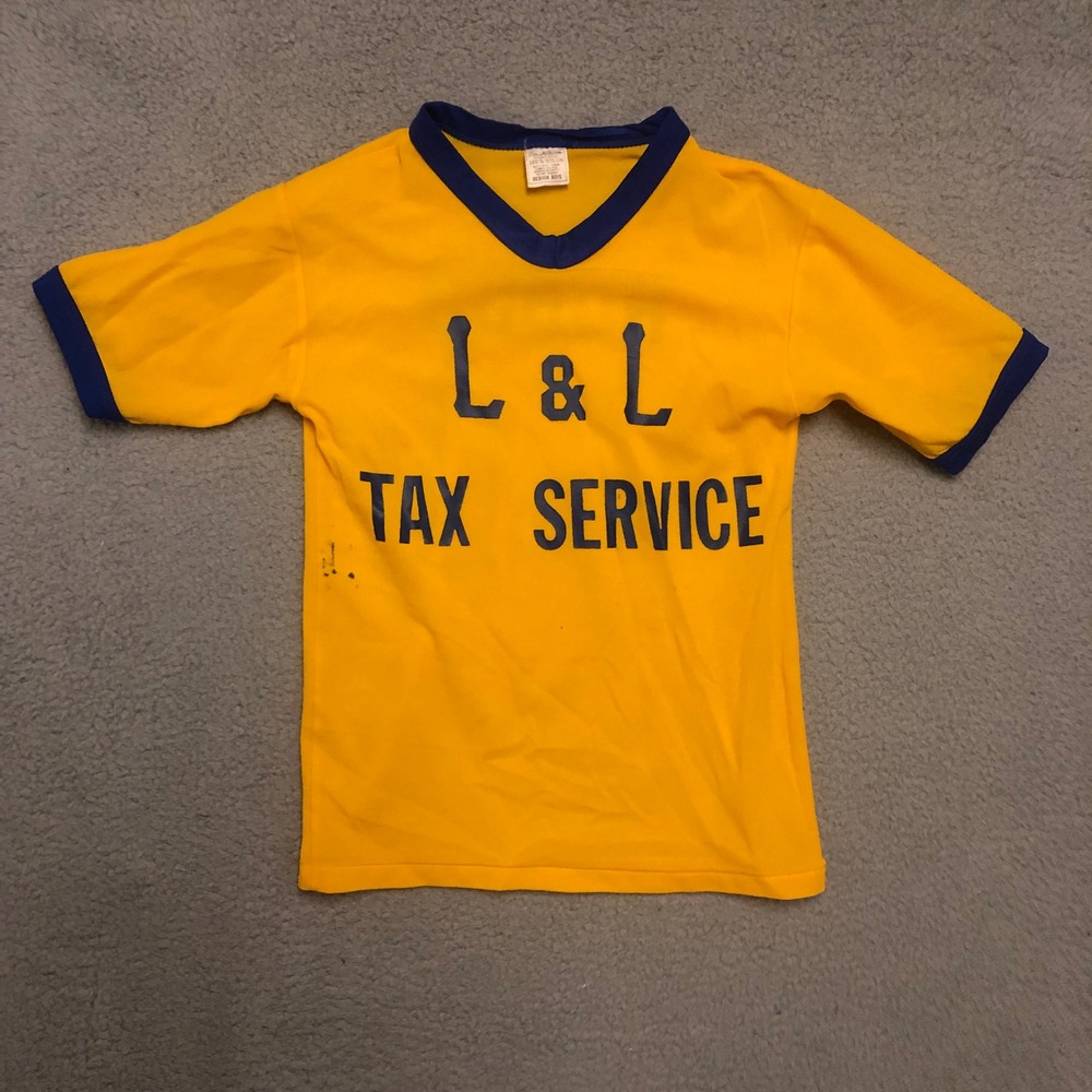 Single stitch vtg L & L Tax Service Don Allison Ringer Tee Yellow Blue Boys M